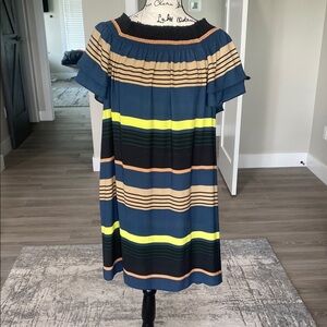 Chelsea and Theodore Striped Off-Shoulder Dress